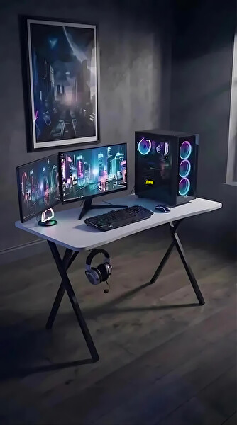 Hey Modüler Mobilya Gaming Profesyonel Beyaz 120 CM Siyah Ayak Oyuncu Masası