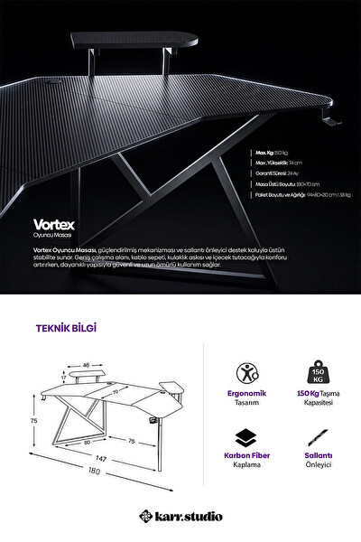 Karr Gaming Vortex Kanatlı Siyah Oyuncu Masası