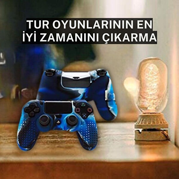 Cosmostech PS4 Controller Joystick Oyun Kolu Gamepad Uyumlu - Silikon Koruyucu Cover Mavi Kamuflaj