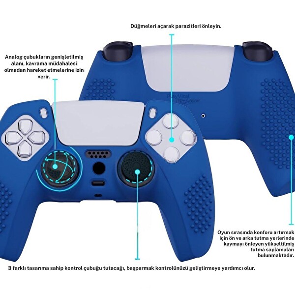 Cosmostech PS5 Controller Joystick Oyun Kolu Gamepad Uyumlu Silikon + 8'li Analog Koruyucu Mavi