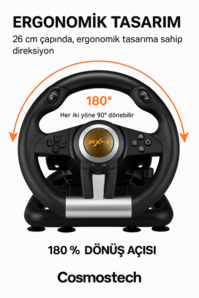 Cosmostech PXN V3 Pro Pedallı 180 Derece Yarış Oyun Direksiyonu Seti Siyah - PC PS4 Xbox Switch Uyumlu