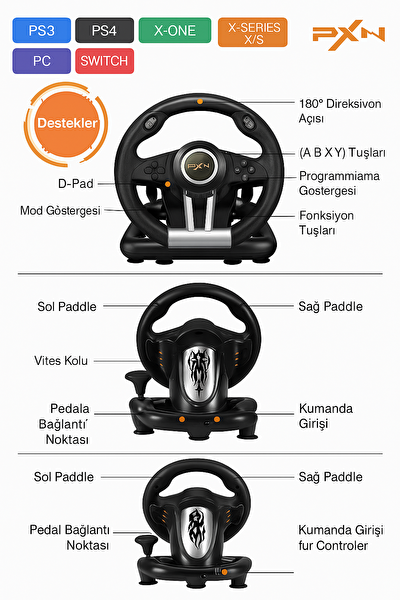 Cosmostech PXN V3 Pro Pedallı 180 Derece Yarış Oyun Direksiyonu Seti Siyah - PC PS4 Xbox Switch Uyumlu