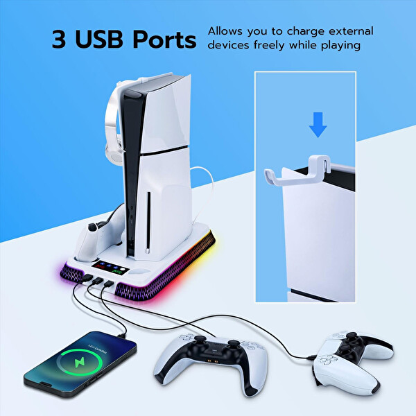 Cosmostech PS5 Pro Slim Fat Uyumlu Playstation 5 CD ve Dijital RGB Ledli Soğutuculu Şarjlı Stand SD-66