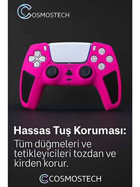 Cosmostech PS5 Dualsense Joystick Esnek Şık Ultra Koruma Koruyucu Silikon Kılıf Pembe-Siyah