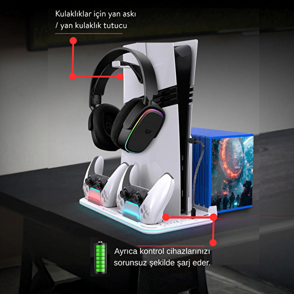 Dossimo PS5-Slim-Pro Soğutucu Ledli Stand ve Joystick Şarj İstasyonu