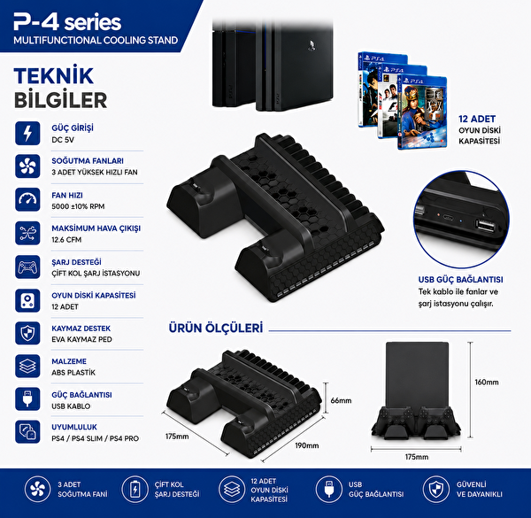 Yues PS4 Slim & PS4 Pro Multifunctional Cooling Stand Fanlı Soğutucu Şarj Standı