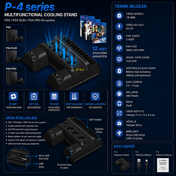 Yues PS4 Slim & PS4 Pro Multifunctional Cooling Stand Fanlı Soğutucu Şarj Standı