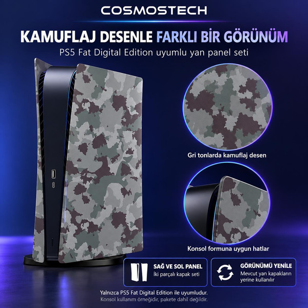 Cosmostech PS5 Fat CD Edition CS5-023 Konsol Koruyucu Kapak Seti Yan Panel Faceplate Army Kamuflaj