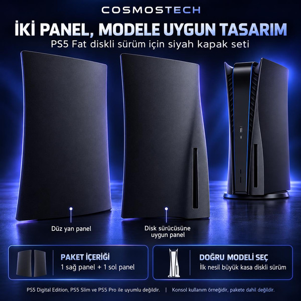 Cosmostech PS5 Fat CD Edition CS5-021 Konsol Koruyucu Kapak Seti Yan Panel Faceplate Siyah (İthalatçı Garantili)