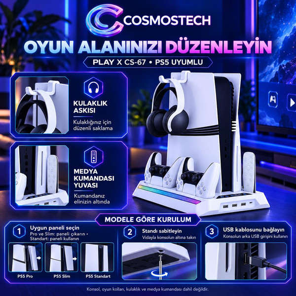 Cosmostech Play X CS-67 PS5 Pro Slim Standart Kasa Soğutuculu Stand DualSense Şarj İstasyonu Kulaklık Askısı (İthalatçı Garantili)