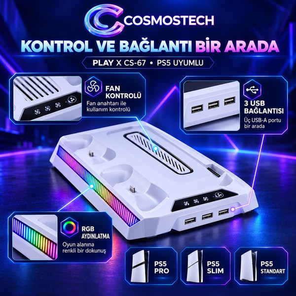 Cosmostech Play X CS-67 PS5 Pro Slim Standart Kasa Soğutuculu Stand DualSense Şarj İstasyonu Kulaklık Askısı (İthalatçı Garantili)
