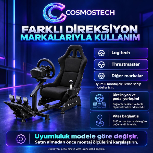 Cosmostech Play X CS-090 Yarış Simülatörü Kokpit ve Yarış Koltuğu – Ayarlanabilir Direksiyon Pedal Standlı Sim Racing Gaming Cockp