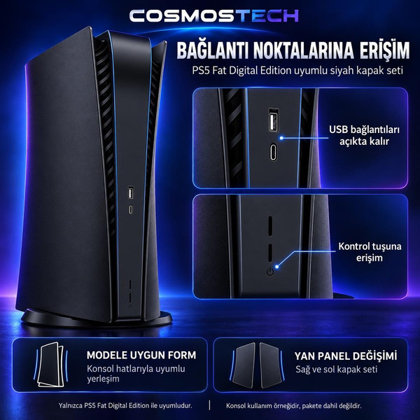 Cosmostech PS5 Fat Digital Edition CS5-019 Konsol Koruyucu Kapak Seti Yan Panel Faceplate Siyah (İthalatçı Garantili)