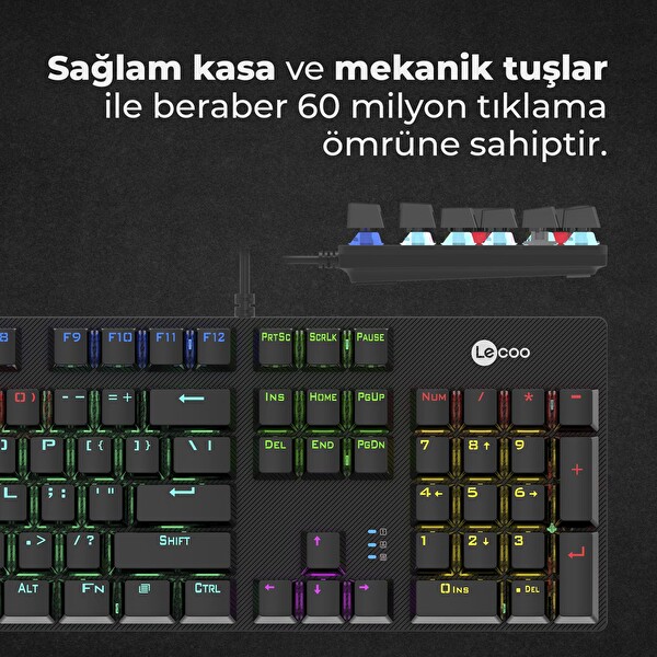 Lecoo KG1101 USB Kablolu RGB LED Aydınlatmalı Mekanik Q Siyah Oyuncu Klavyesi