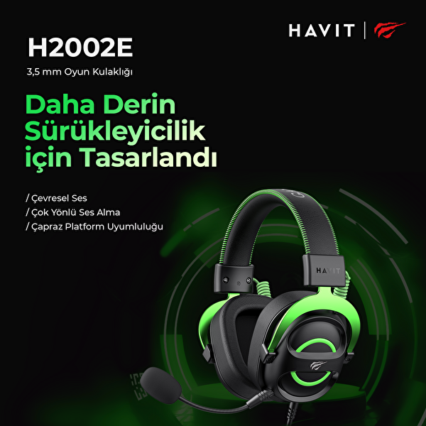 Havit Gamenote H2002E Çıkarılabilir Mikrofonlu 3.5 MM Jack Yeşil Oyuncu Kulaklığı