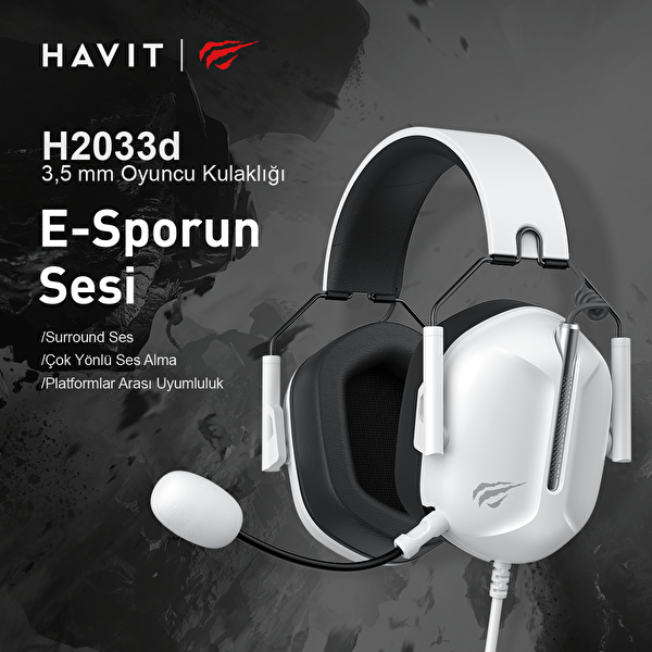 Havit Gamenote H2033D Mikrofonlu 50 MM 3.5 MM Jack Speaker Beyaz Oyuncu Kulaklığı