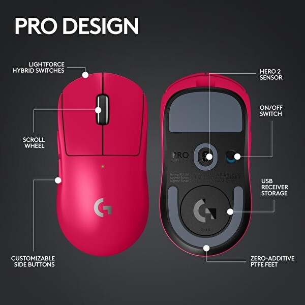 Logitech G Pro X Superlight 2 Hafif Hero 2 Sensör 32000 DPI Lightspeed Pembe Kablosuz Oyuncu Mouse
