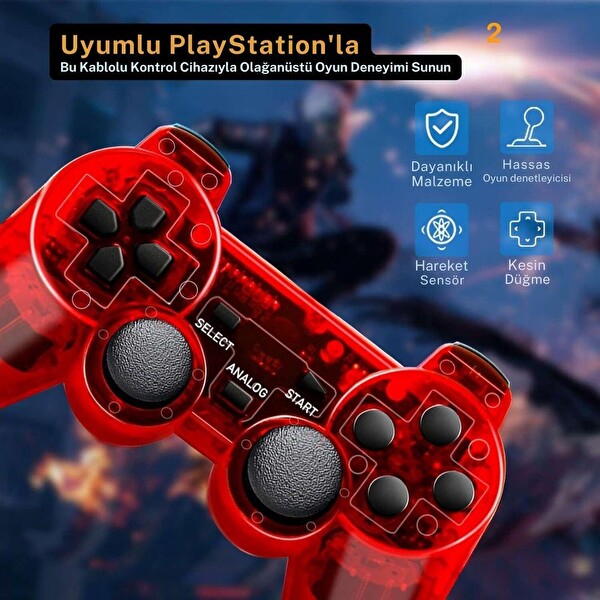 Cosmostech PS2 Controller Oyun Kolu Titreşimli Gamepad Joystick Kırmızı