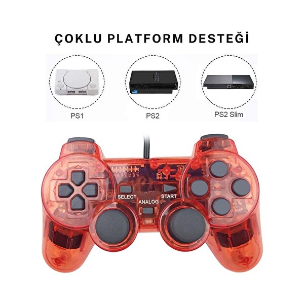 Cosmostech PS2 Controller Oyun Kolu Titreşimli Gamepad Joystick Kırmızı