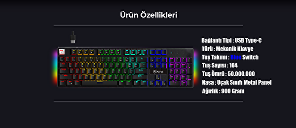 North Shield Blue Switch Türkçe Q RGB Full Metal Panel Mekanik Gaming Klavye
