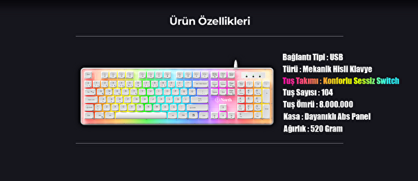 North Paladin Mekanik Hisli Türkçe RGB Beyaz Gaming Oyuncu Klavyesi