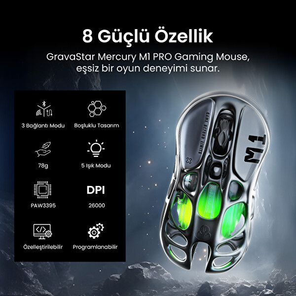 GravaStar Mercury M1 Pro Gri Süper Hafif Kablosuz Gaming Mouse