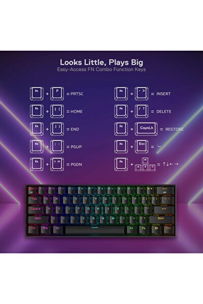 Redragon K530 Pro Draconic Türkçe Q 60% Kompakt Kablosuz - Bluetooth 2.4G Brown Switch Mekanik Siyah Klavye