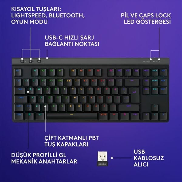 Logitech G515 Lightspeed TKL Tactile Switch İngilizce RGB Kablosuz Siyah Gaming Klavye 920-012538