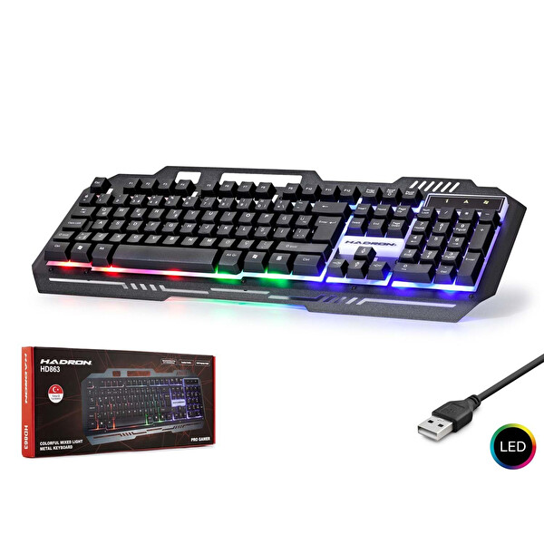 Hadron HD863 Türkçe-Q Ledli Metal Kasa 1.5 M USB Kablolu Oyuncu Klavyesi Siyah