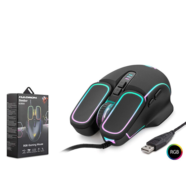 Hadron G350 Bomber 6400 DPI RGB Ledli 1.50 M USB Kablolu Oyuncu Mouse - Siyah