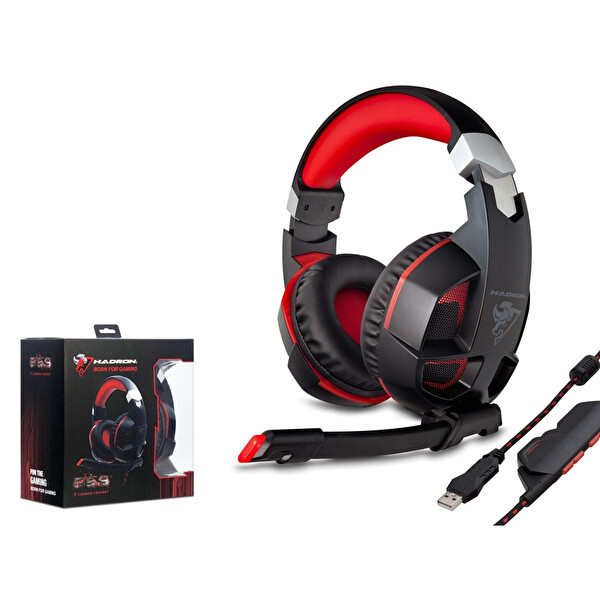 Hadron G59 Titreşimli 7.1 Surround Mikrofonlu USB 2.4 M Örgülü Kablolu Kulak Üstü Oyuncu Kulaklığı Kırmızı Siyah