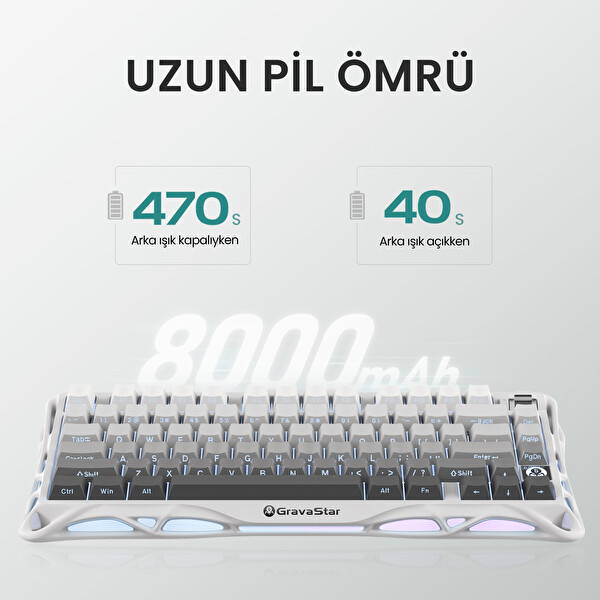 GravaStar Mercury K1 RGB Kablosuz Mekanik Gaming Klavye Beyaz