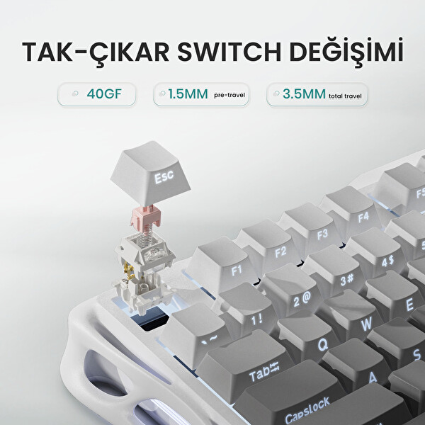 GravaStar Mercury K1 RGB Kablosuz Mekanik Gaming Klavye Beyaz