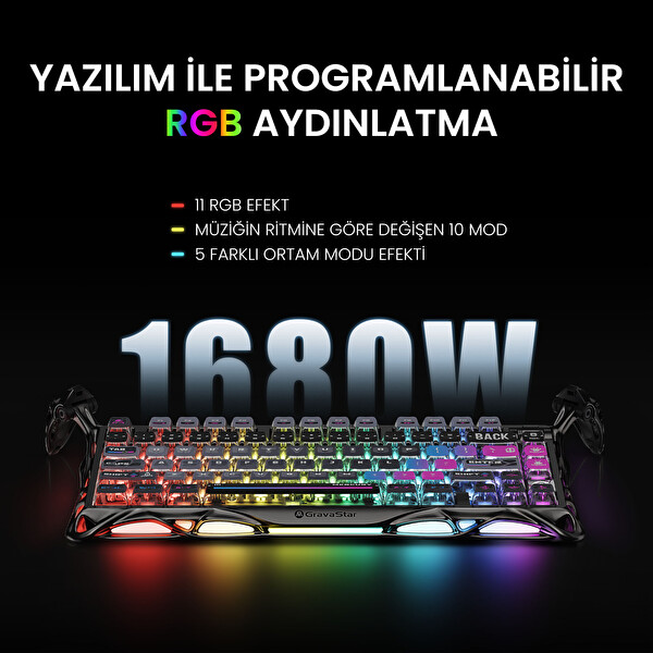 GravaStar Mercury K1 Pro RGB Kablosuz Mekanik Gaming Klavye Alüminyum Çerçeveli İngilizce Q Cyberpunk