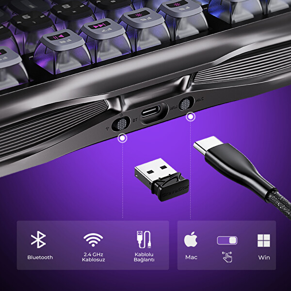 GravaStar Mercury K1 Pro RGB Kablosuz Mekanik Gaming Klavye Alüminyum Çerçeveli İngilizce Q Cyberpunk