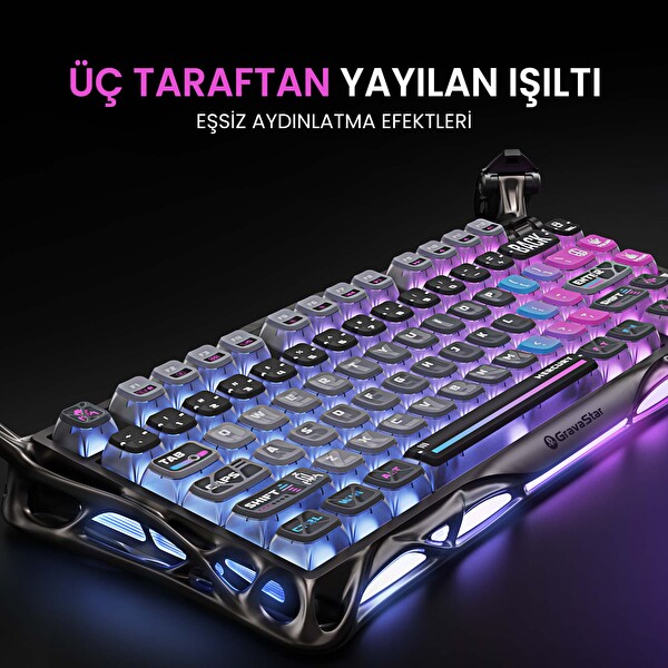GravaStar Mercury K1 Pro RGB Kablosuz Mekanik Gaming Klavye Alüminyum Çerçeveli İngilizce Q Cyberpunk