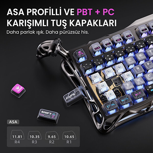 GravaStar Mercury K1 Pro RGB Kablosuz Mekanik Gaming Klavye Alüminyum Çerçeveli İngilizce Q Cyberpunk