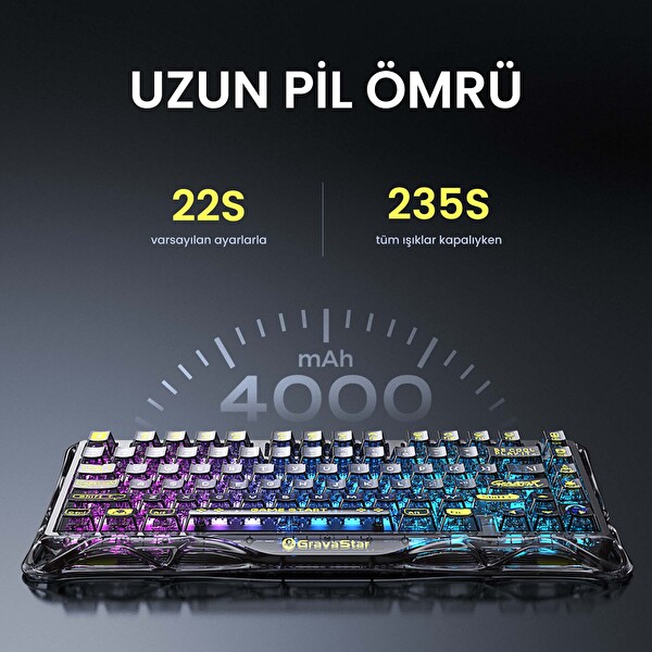 GravaStar Mercury K1 Lite RGB Kablosuz Mekanik Gaming Klavye İngilizce Q Transparan Siyah