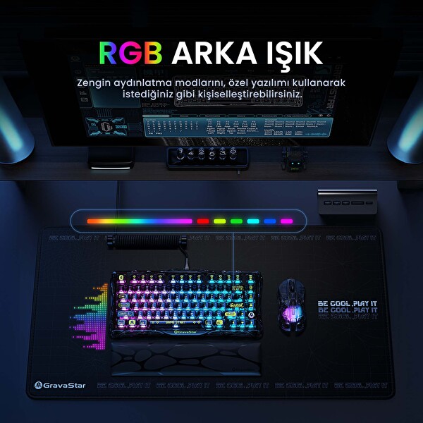GravaStar Mercury K1 Lite RGB Kablosuz Mekanik Gaming Klavye İngilizce Q Transparan Siyah