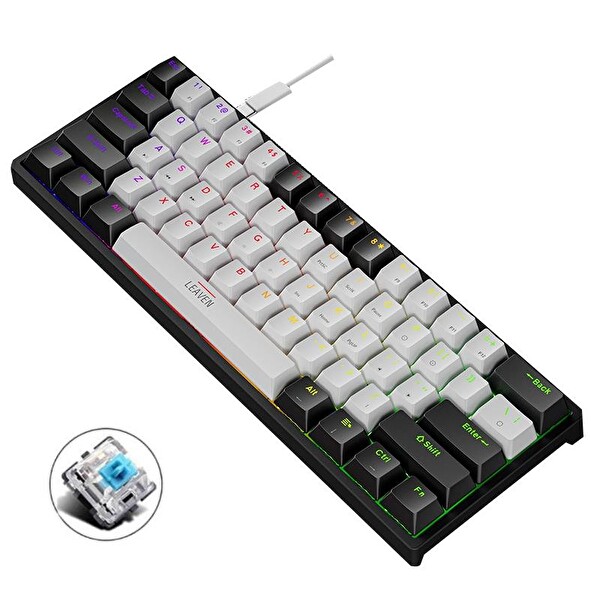 Valkyrie Leaven K620 RGB 61 Key Mavi Tuş Type-C Blue Switch Mekanik Gaming Klavye Siyah Beyaz