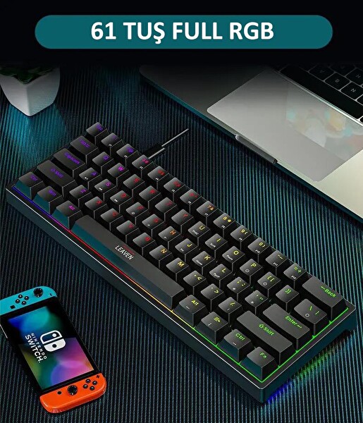 Valkyrie Leaven K620 Blue Switch Mekanik Gaming Oyun Klavyesi RGB 61 Key Mavi Tuş Type-C Klavye Siyah