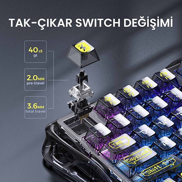 GravaStar Mercury K1 Lite+M2 Kablosuz RGB Mekanik Gaming Klavye ve Mouse Seti Siyah