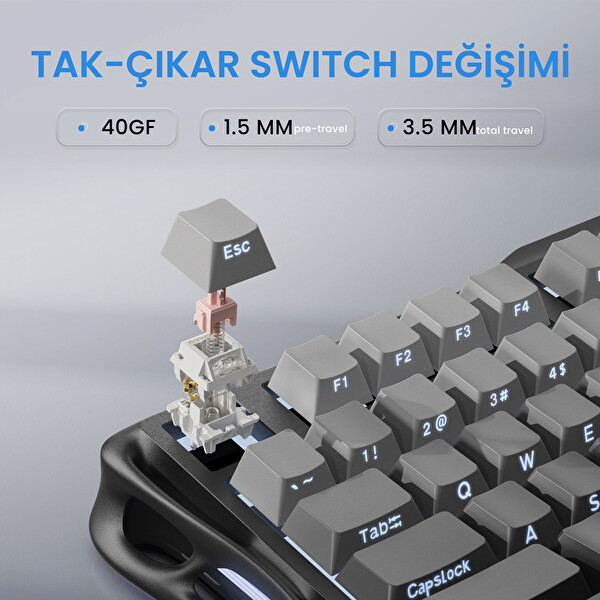 GravaStar Mercury K1+M1 Pro Kablosuz RGB Mekanik Gaming Klavye ve Mouse Seti Siyah