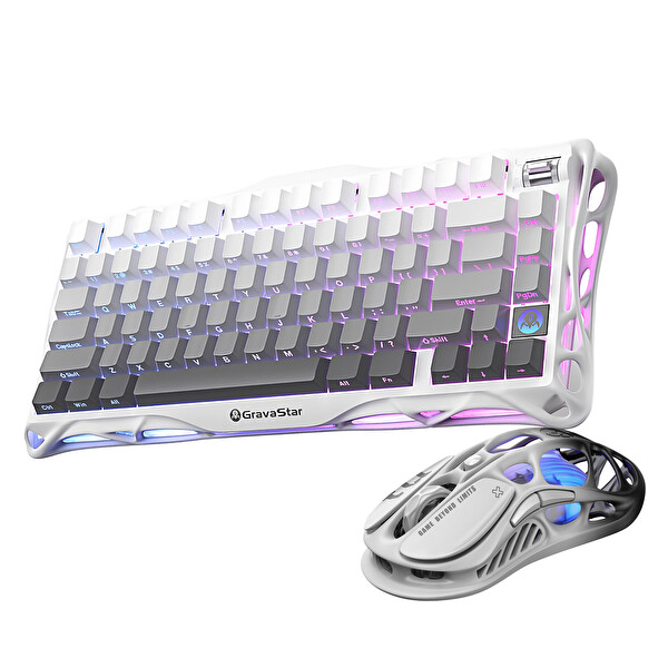 GravaStar Mercury K1+M1 Pro Kablosuz RGB Mekanik Q Gaming Klavye Mouse Seti Beyaz