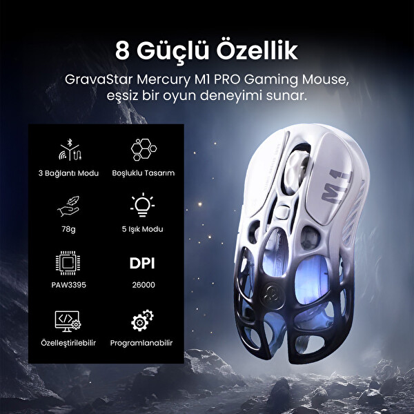 GravaStar Mercury K1+M1 Pro Kablosuz RGB Mekanik Q Gaming Klavye Mouse Seti Beyaz