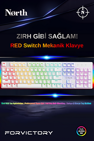 North Shield White Red Switch Türkçe Q Rgb Full Metal Panel Mekanik Beyaz Gaming Klavye
