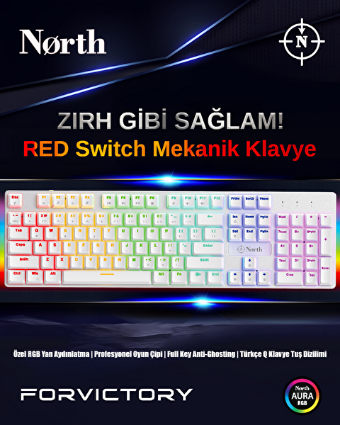 North Shield White Red Switch Türkçe Q Rgb Full Metal Panel Mekanik Beyaz Gaming Klavye