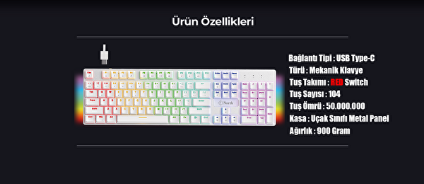 North Shield White Red Switch Türkçe Q Rgb Full Metal Panel Mekanik Beyaz Gaming Klavye