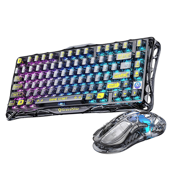 GravaStar Mercury K1 Lite+M2 Kablosuz RGB Işıklı Mekanik Q Gaming Klavye ve Optik Mouse Seti, Şeffaf Siyah