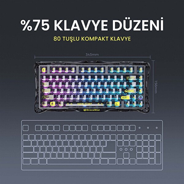 GravaStar Mercury K1 Lite+M2 Kablosuz RGB Işıklı Mekanik Q Gaming Klavye ve Optik Mouse Seti, Şeffaf Siyah